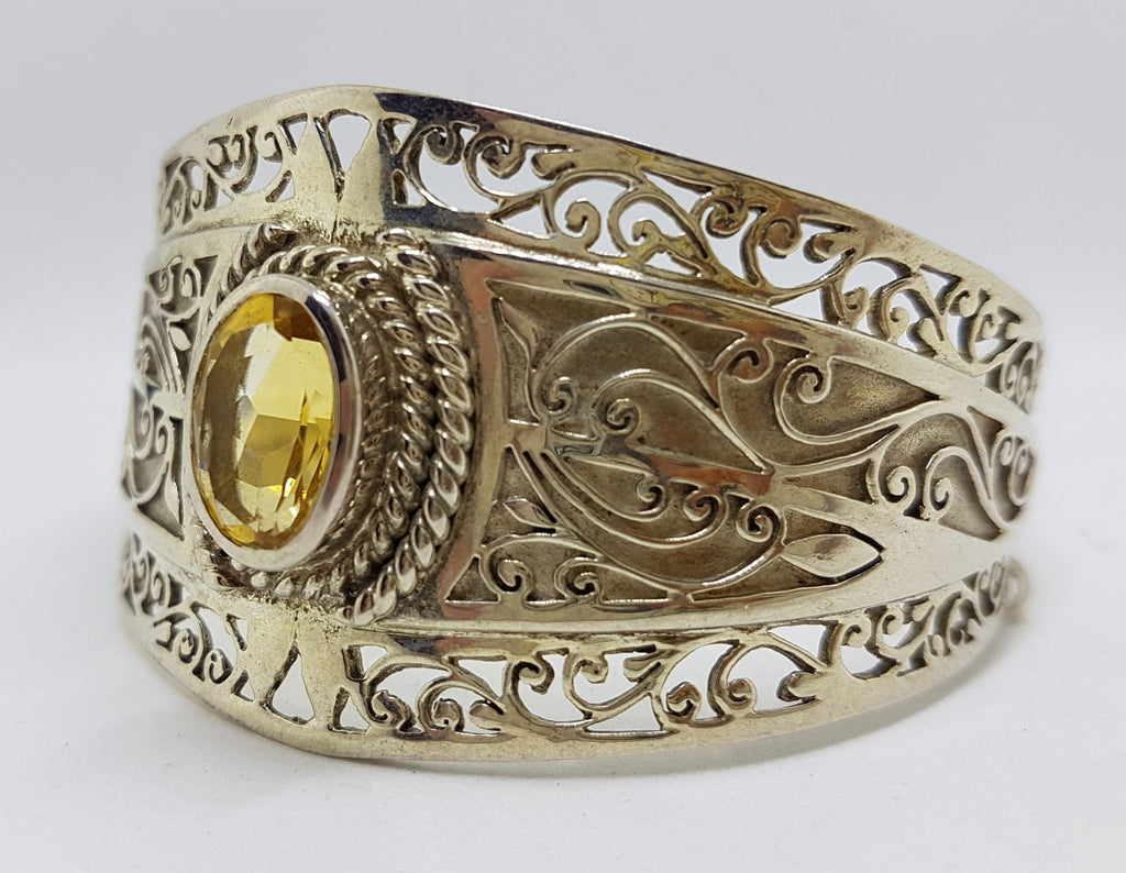 Sterling Silver Large Ornate Filigree Design Bangle - Wide - with Citrine