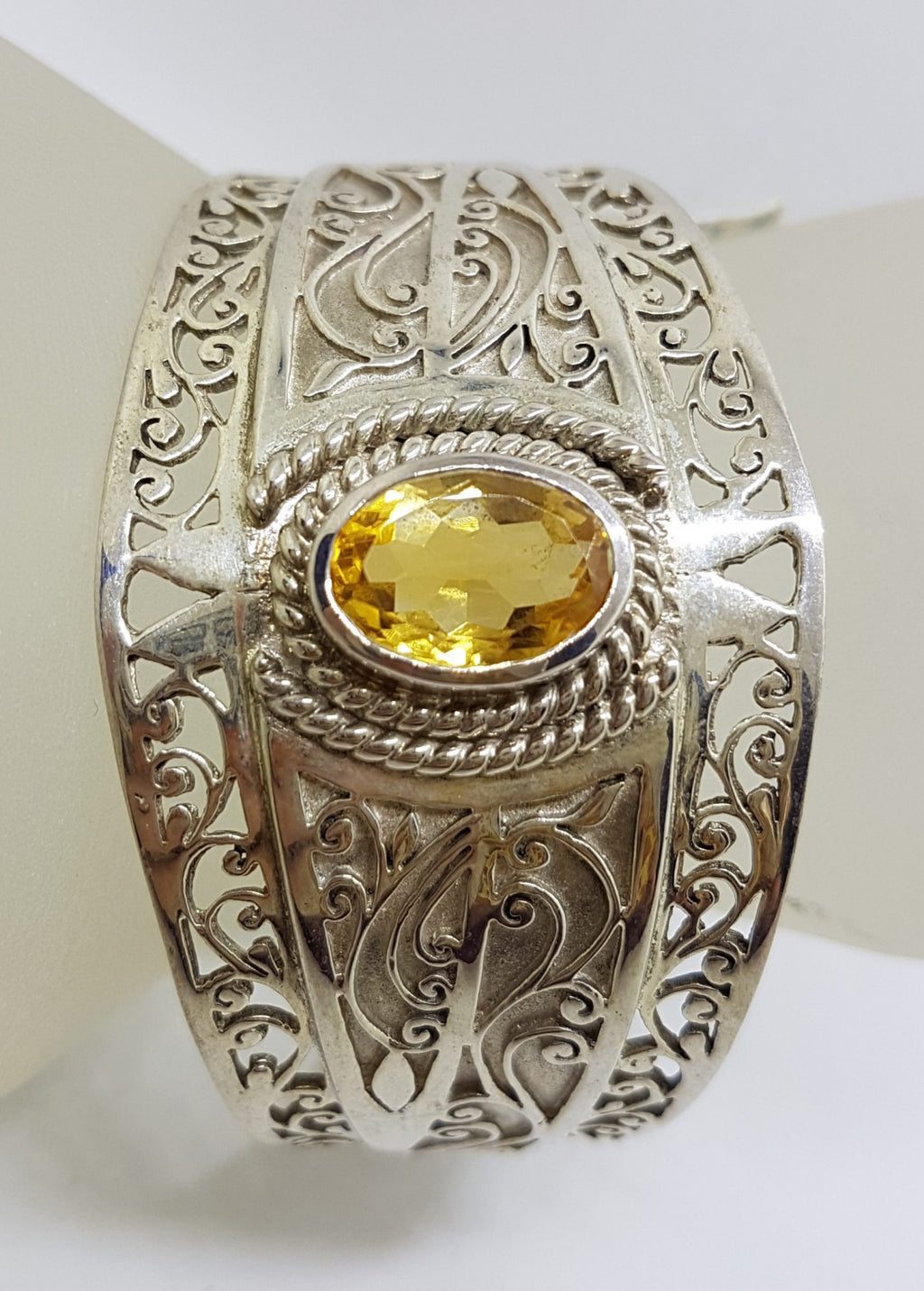 Sterling Silver Large Ornate Filigree Design Bangle - Wide - with Citrine