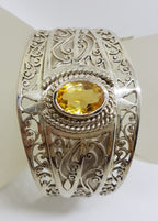 Sterling Silver Large Ornate Filigree Design Bangle - Wide - with Citrine