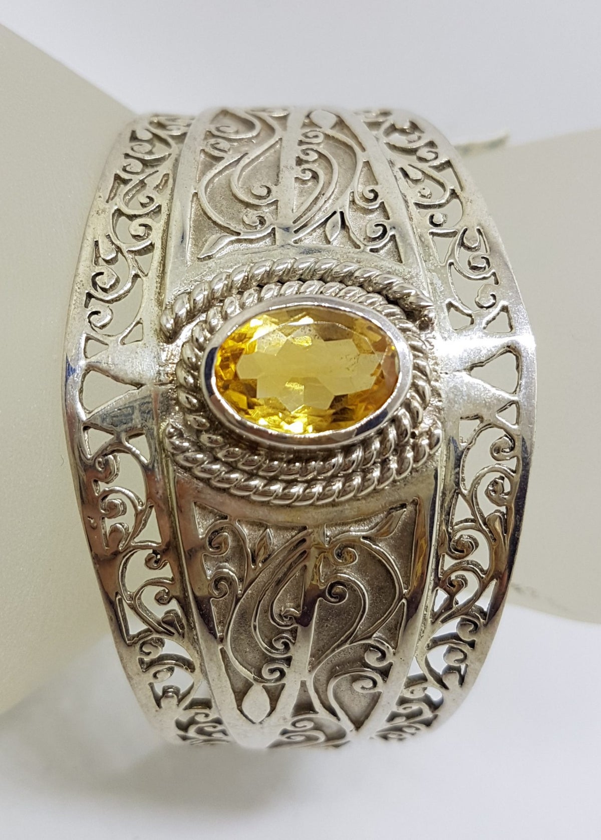 Sterling Silver Large Ornate Filigree Design Bangle - Wide - with Citrine