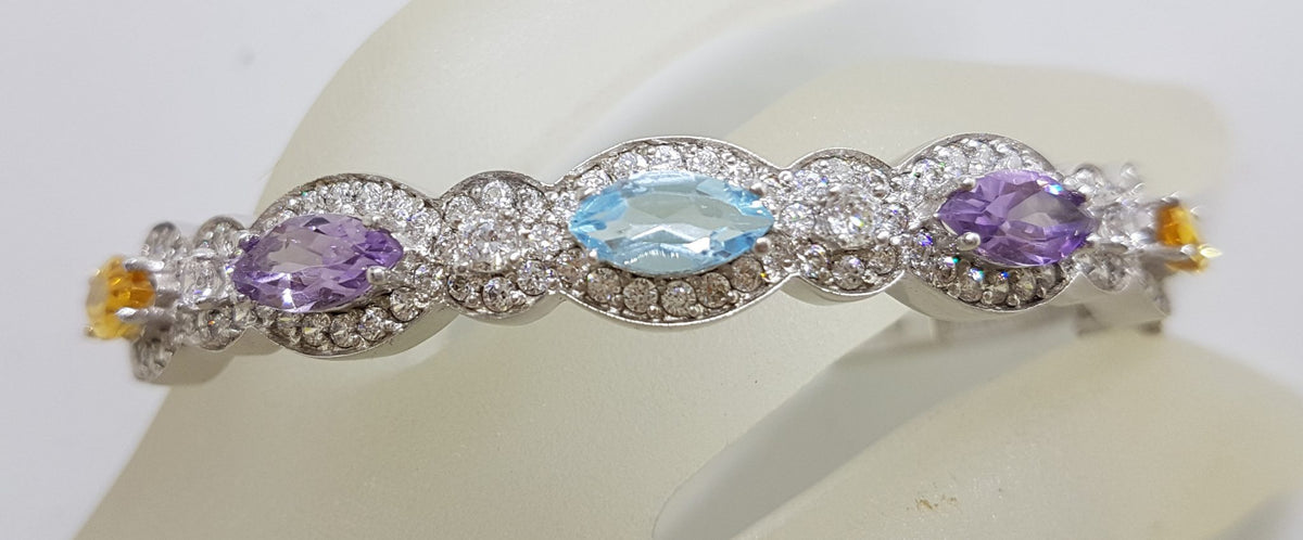 Sterling Silver Topaz, Amethyst, Citrine and Cubic Zirconia Oval Hinged Bangle