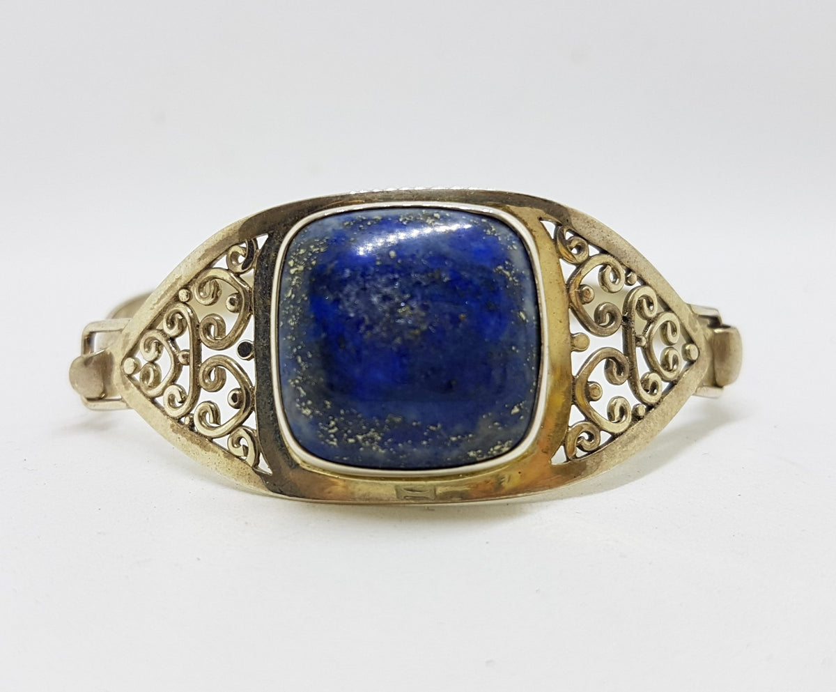 Sterling Silver Filigree Lapis Lazuli Bangle - Ornate