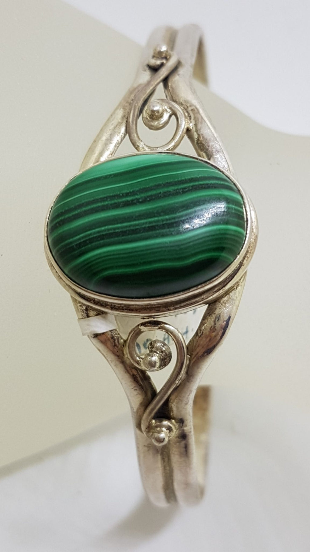 Sterling Silver Oval Malachite Ornate Bangle