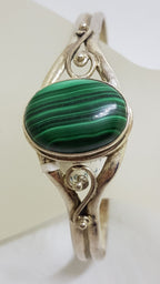 Sterling Silver Oval Malachite Ornate Bangle