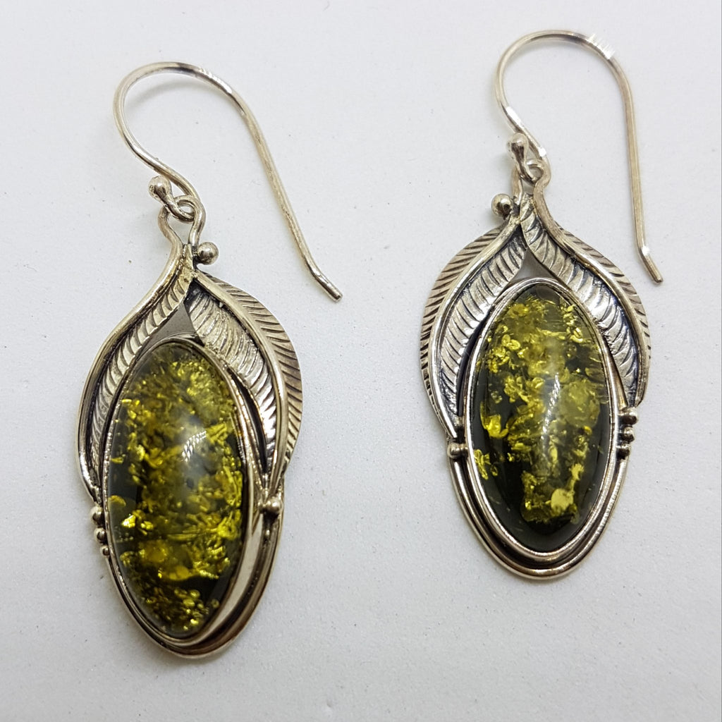 Sterling Silver Ornate Oval Green Natural Baltic Amber Drop Earrings - Gumleaf / Leaf Motif