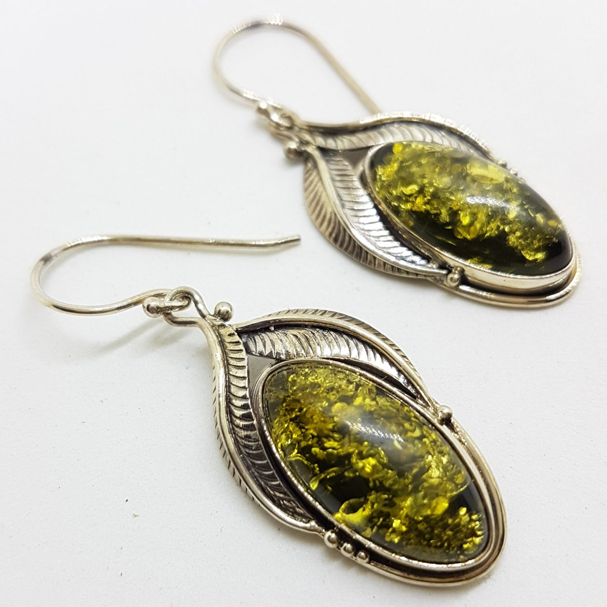 Sterling Silver Ornate Oval Green Natural Baltic Amber Drop Earrings - Gumleaf / Leaf Motif