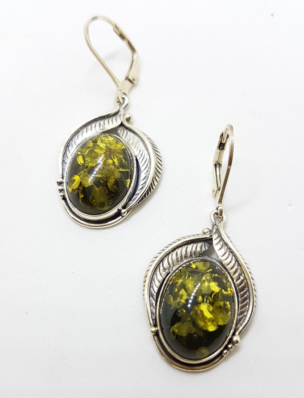Sterling Silver Ornate Large Oval Green Natural Baltic Amber Drop Earrings - Gumleaf / Leaf Motif