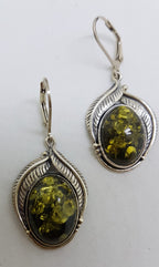 Sterling Silver Ornate Large Oval Green Natural Baltic Amber Drop Earrings - Gumleaf / Leaf Motif