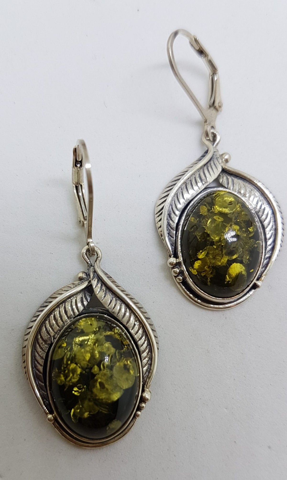 Sterling Silver Ornate Large Oval Green Natural Baltic Amber Drop Earrings - Gumleaf / Leaf Motif