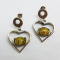 Sterling Silver Green Natural Baltic Amber Heart Drop Earrings