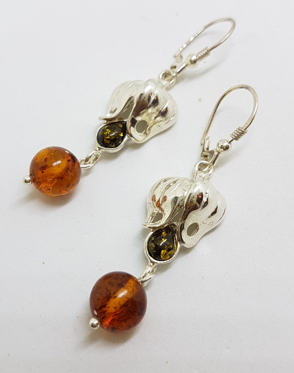 Sterling Silver Brown &amp; Green Natural Baltic Amber Long Drop Earrings - Fuchsia / Flower