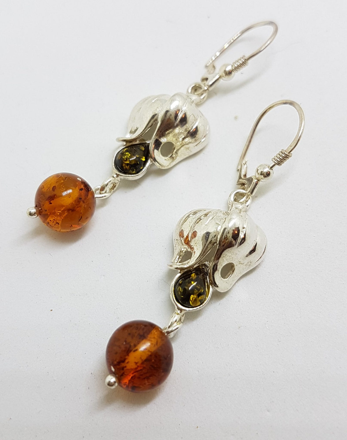 Sterling Silver Brown &amp; Green Natural Baltic Amber Long Drop Earrings - Fuchsia / Flower