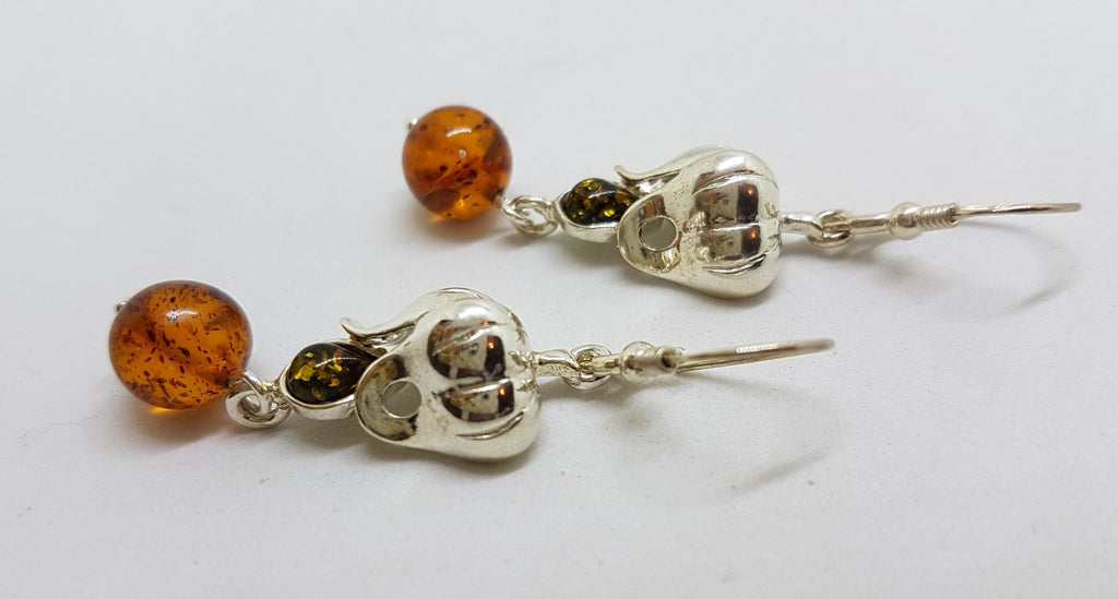 Sterling Silver Brown &amp; Green Natural Baltic Amber Long Drop Earrings - Fuchsia / Flower