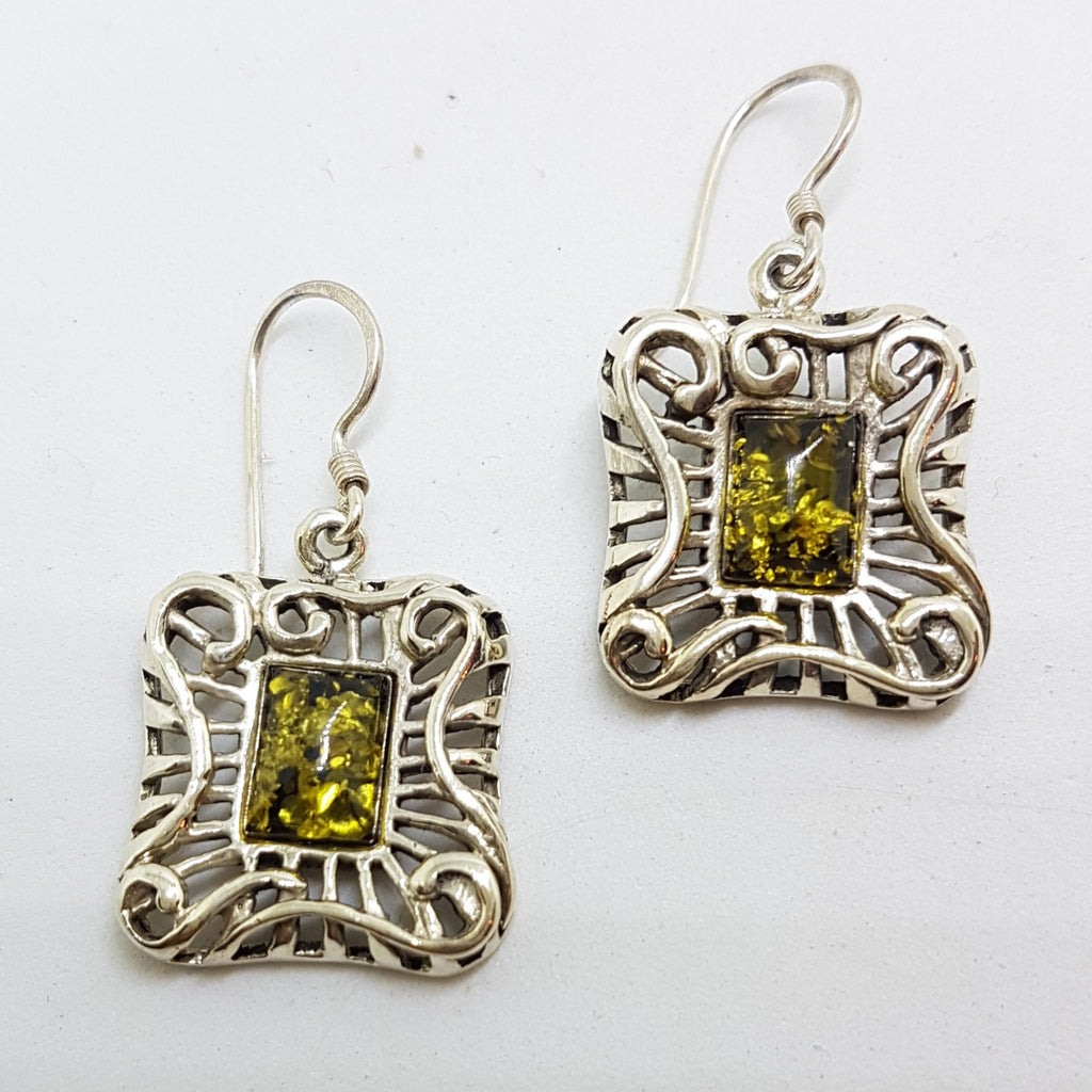 Sterling Silver Green Natural Baltic Amber Ornate Large Rectangular Drop Earrings