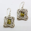 Sterling Silver Green Natural Baltic Amber Ornate Large Rectangular Drop Earrings