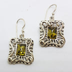 Sterling Silver Green Natural Baltic Amber Ornate Large Rectangular Drop Earrings