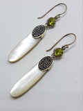 Sterling Silver &amp; Mother of Pearl Long Peridot Drop Earrings