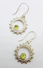 Sterling Silver Peridot in Ornate Circle Round Drop Earrings