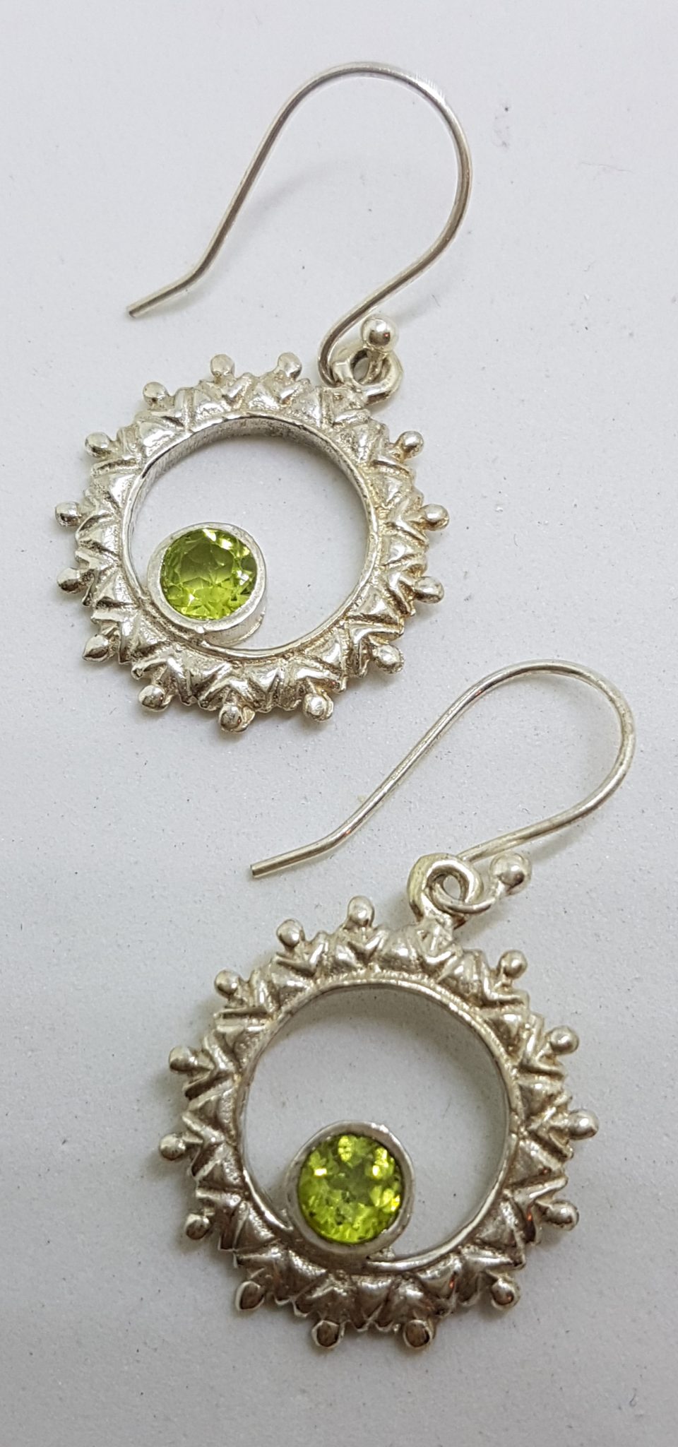 Sterling Silver Peridot in Ornate Circle Round Drop Earrings