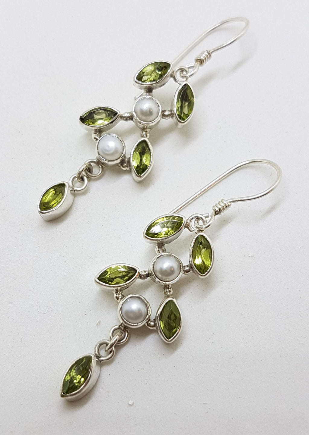 Sterling Silver Peridot &amp; Pearl Long Leaf Design Drop Earrings