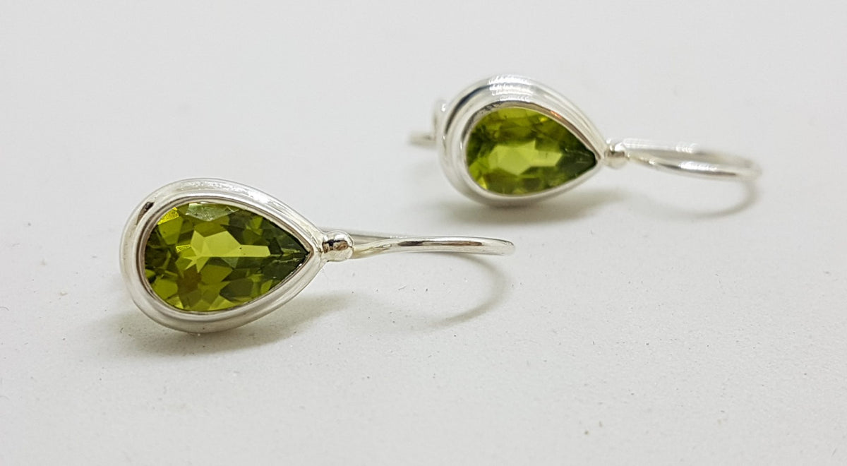 Sterling Silver Teardrop / Pear Shape Bezel Set Peridot Earrings