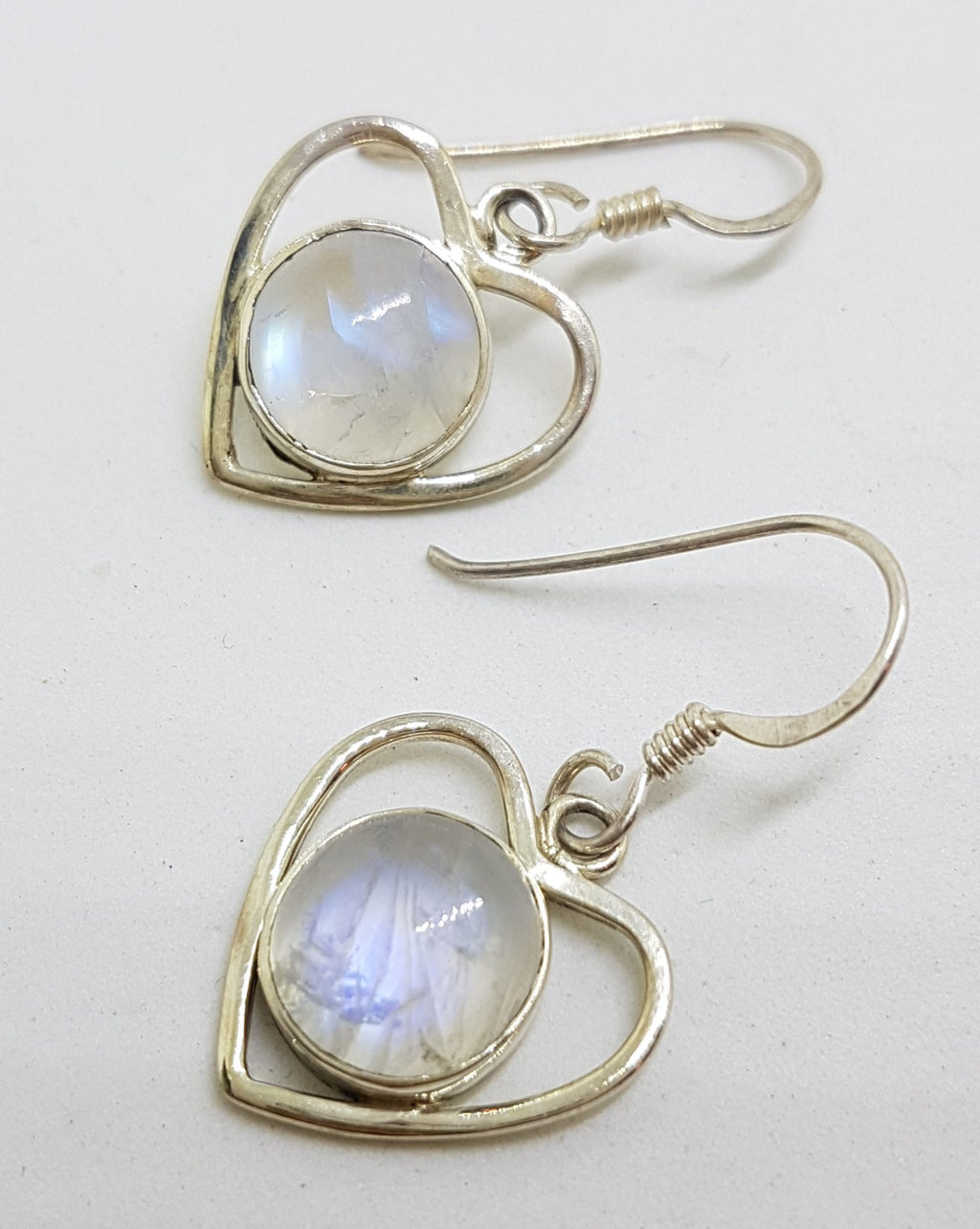 Sterling Silver Round Cabochon Moonstone Heart Drop Earrings