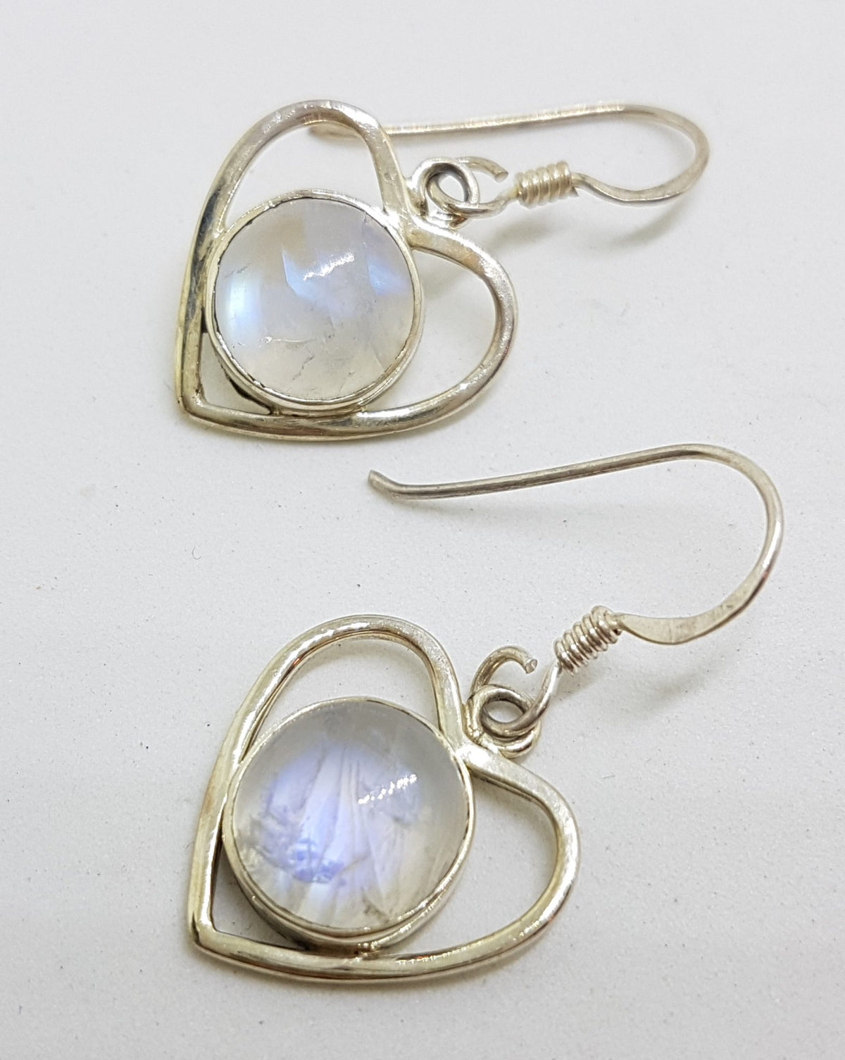 Sterling Silver Round Cabochon Moonstone Heart Drop Earrings