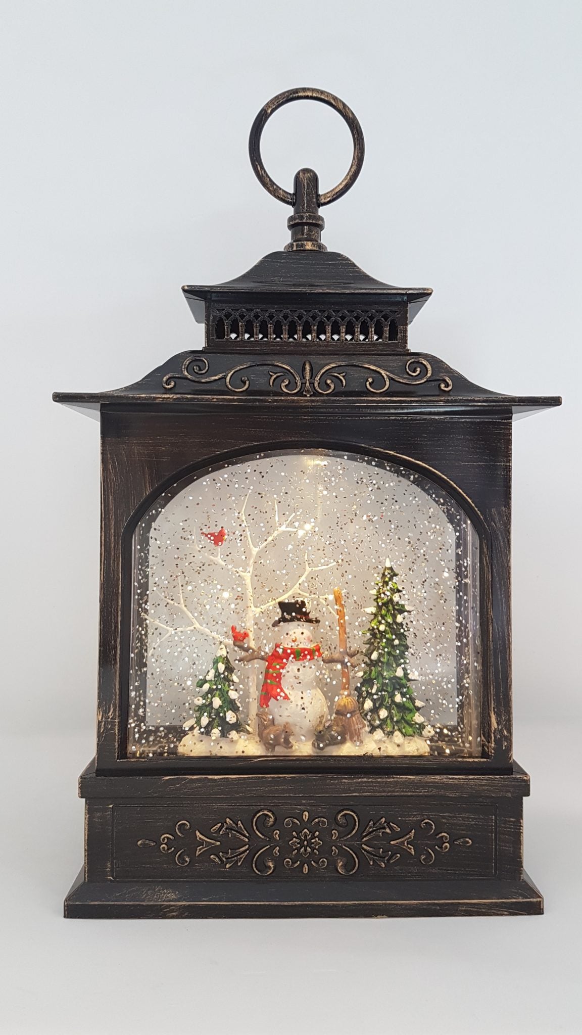 Christmas Glitter Lantern - Snowman & Red Cardinal Bird on a Tree - Christmas Ornament Design #1