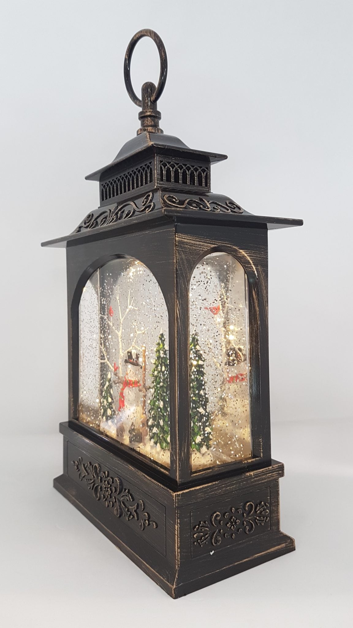 Christmas Glitter Lantern - Snowman & Red Cardinal Bird on a Tree - Christmas Ornament Design #1