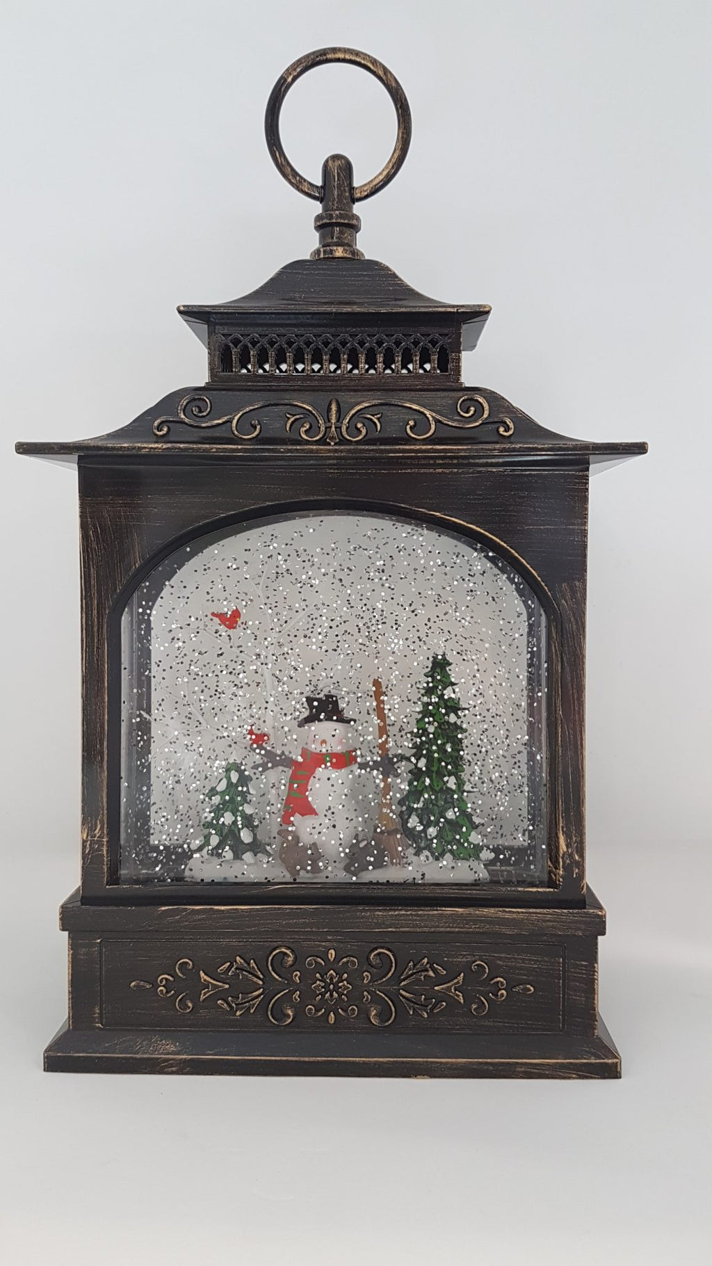 Christmas Glitter Lantern - Snowman & Red Cardinal Bird on a Tree - Christmas Ornament Design #1