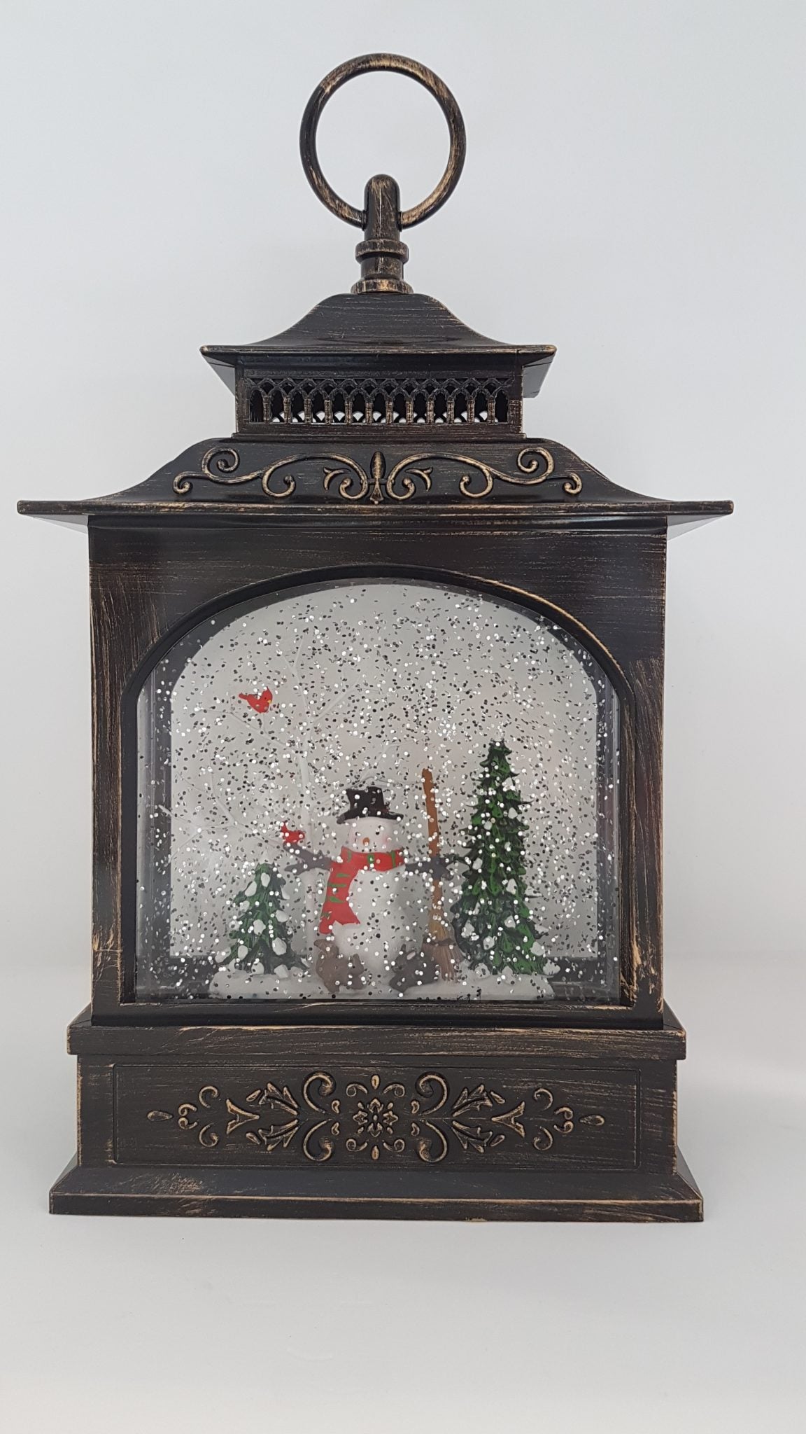 Christmas Glitter Lantern - Snowman & Red Cardinal Bird on a Tree - Christmas Ornament Design #1