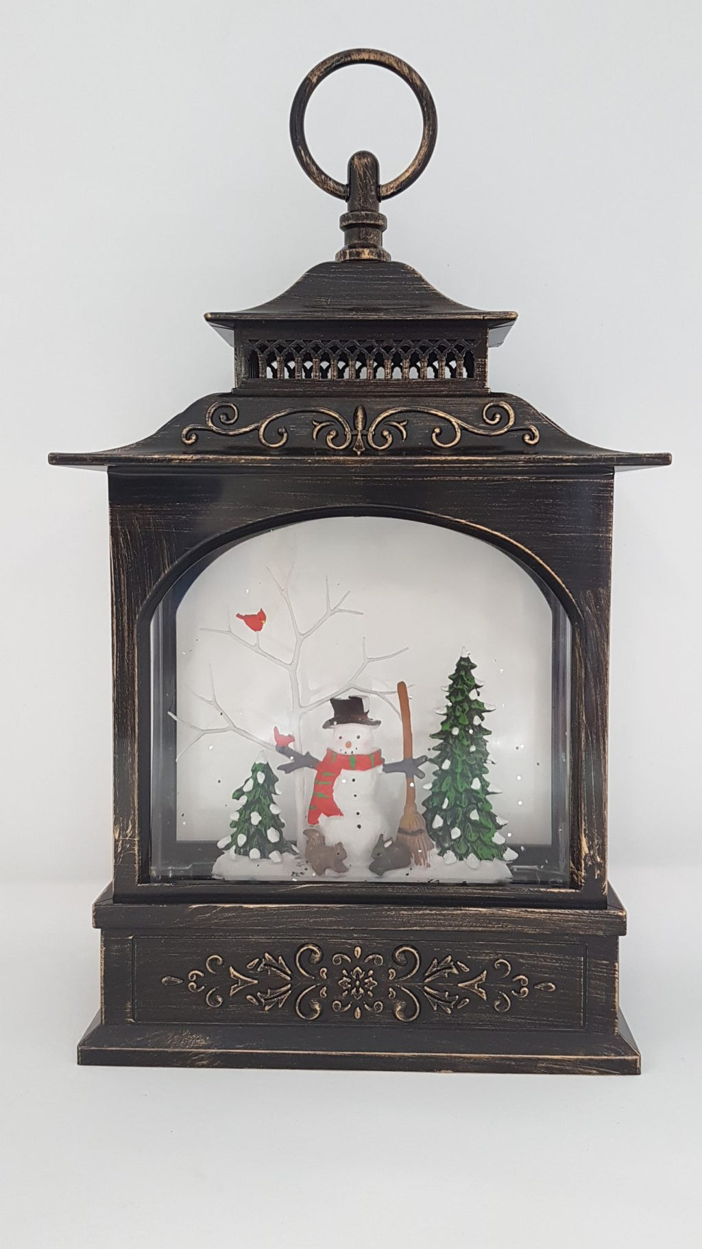 Christmas Glitter Lantern - Snowman & Red Cardinal Bird on a Tree - Christmas Ornament Design #1