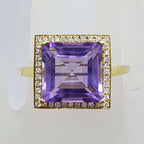 9ct Yellow Gold Large Square Amethyst and Diamond Cluster Ring