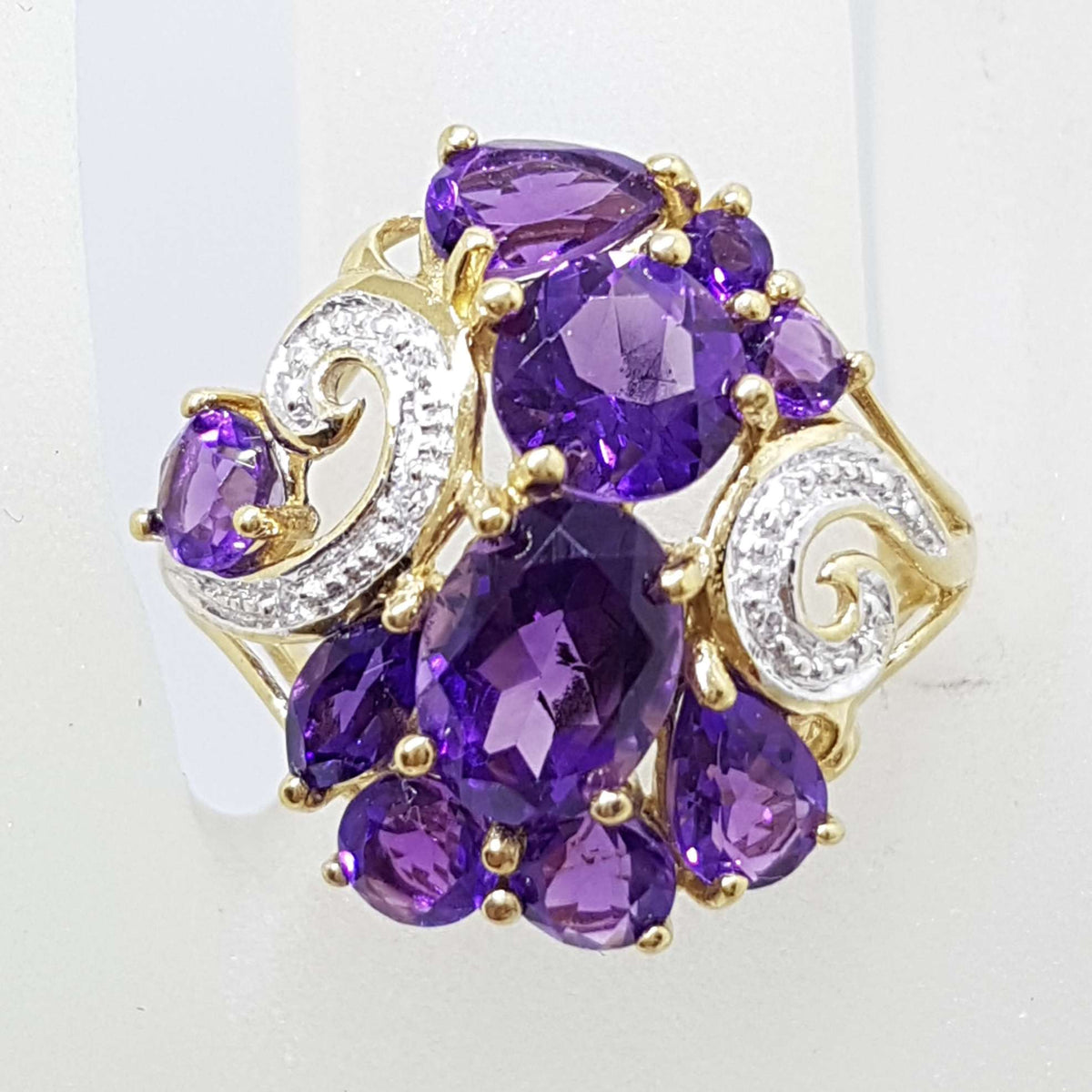 9ct Yellow Gold Stunning Large Amethyst and Diamond Cluster Ring