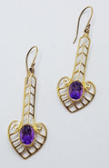 9ct Yellow Gold Long Amethyst Drop Earrings - Ornate / Filigree