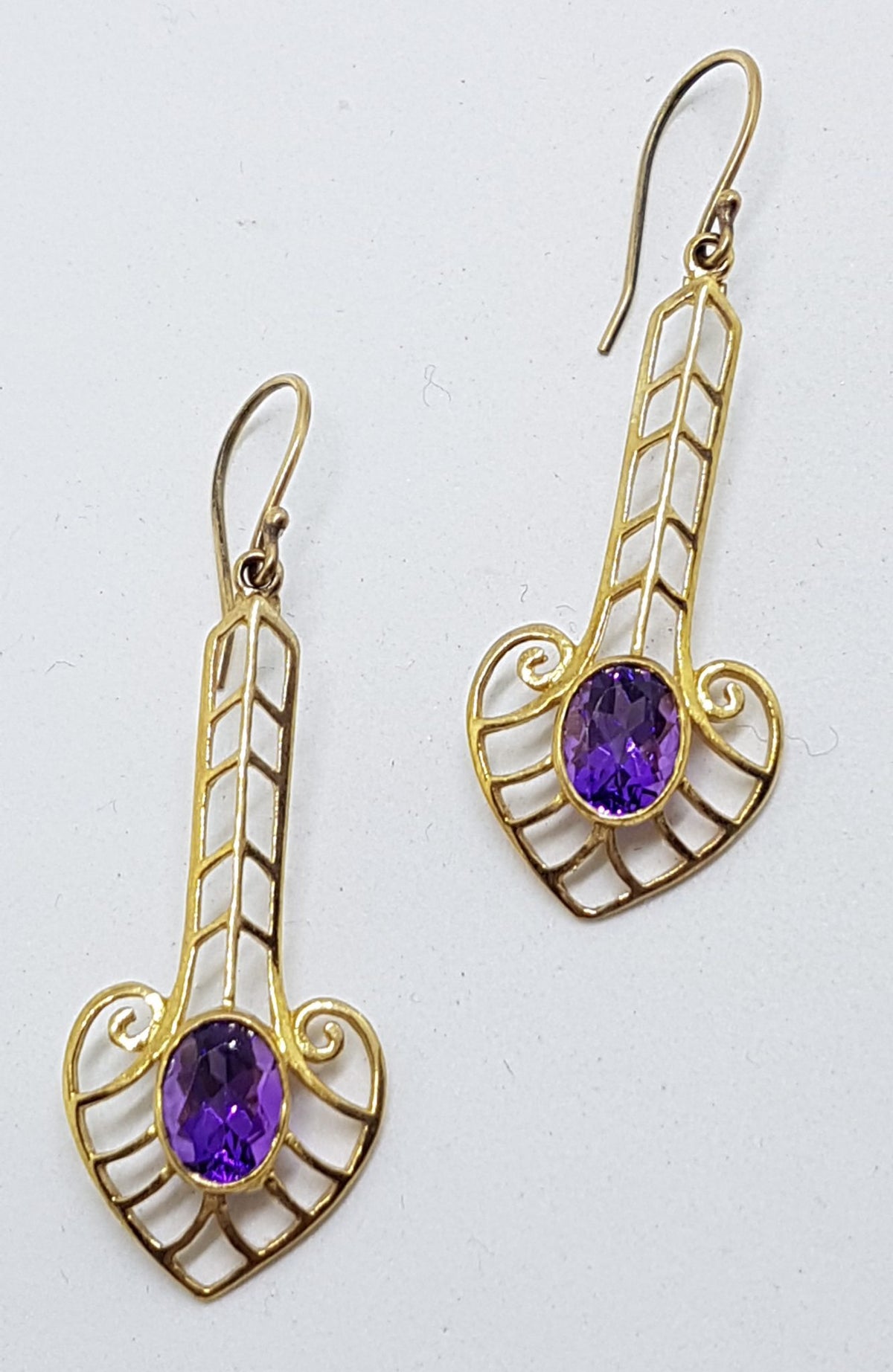 9ct Yellow Gold Long Amethyst Drop Earrings - Ornate / Filigree