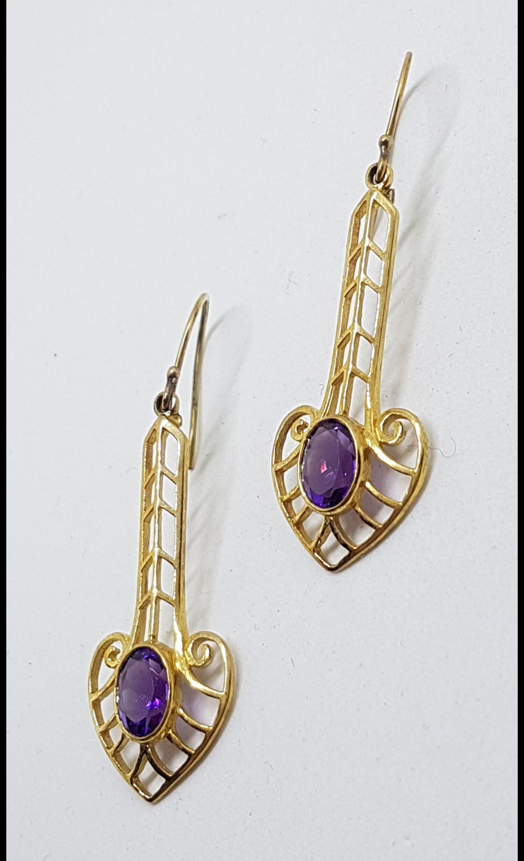 9ct Yellow Gold Long Amethyst Drop Earrings - Ornate / Filigree