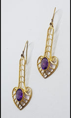 9ct Yellow Gold Long Amethyst Drop Earrings - Ornate / Filigree