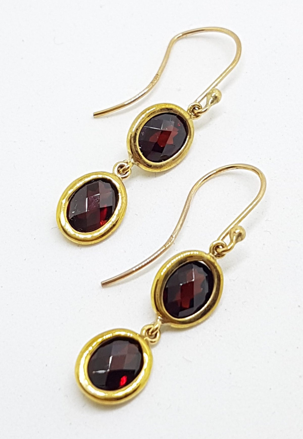 9ct Yellow Gold Long Oval Garnet Double Drop Earrings