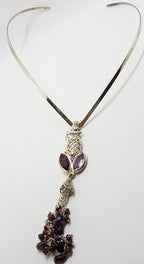 Sterling Silver Long Garnet and Amethyst Tassel Pendant on Choker Chain / Necklace