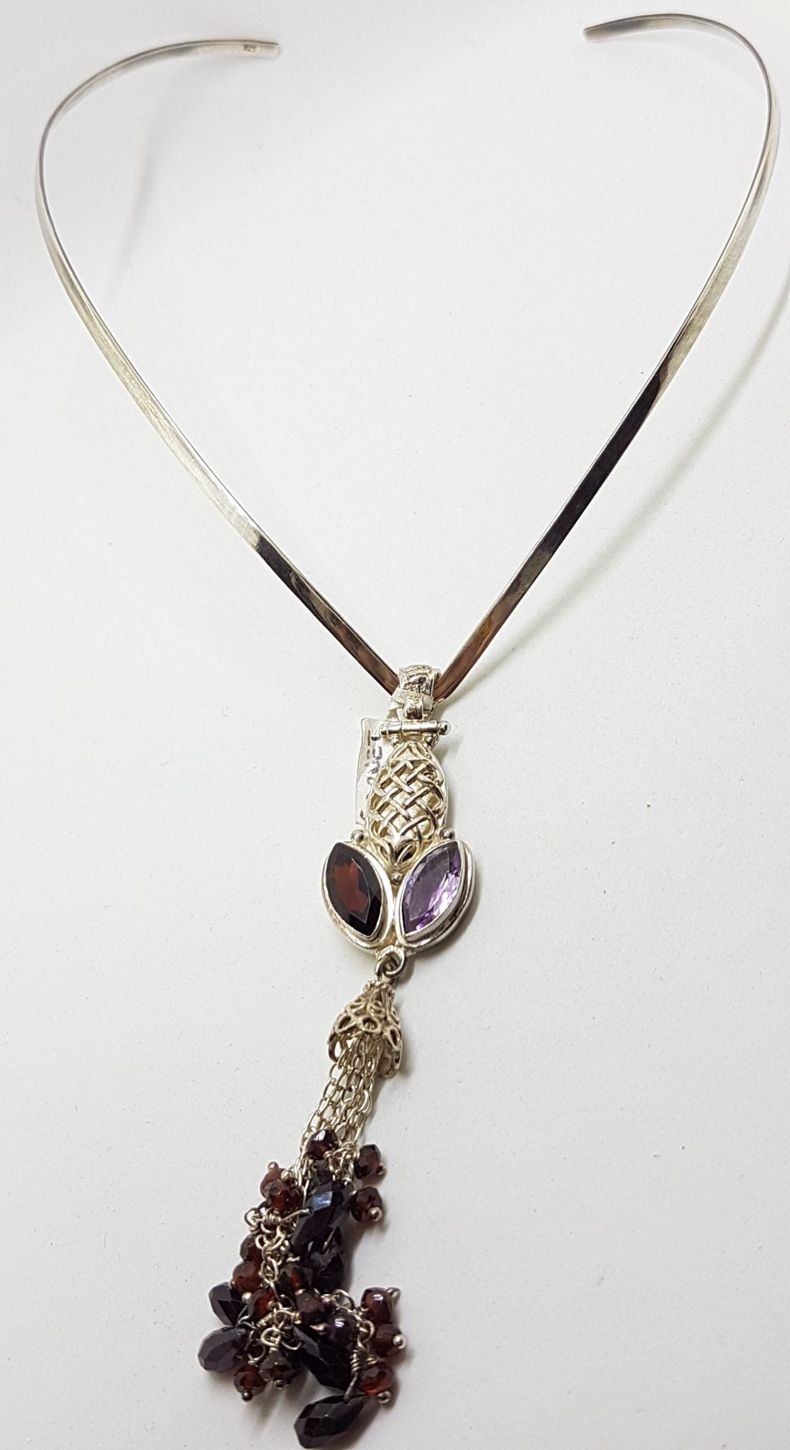 Sterling Silver Long Garnet and Amethyst Tassel Pendant on Choker Chain / Necklace