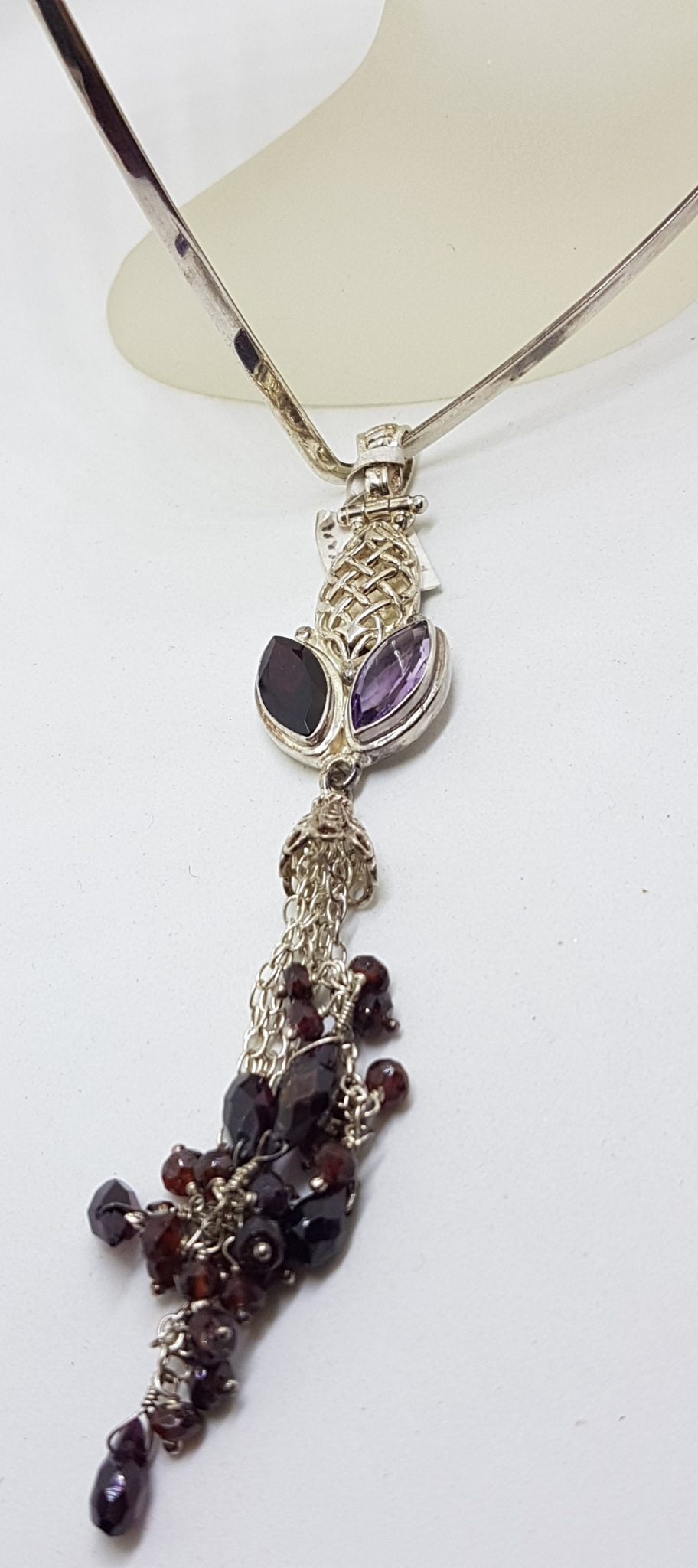 Sterling Silver Long Garnet and Amethyst Tassel Pendant on Choker Chain / Necklace