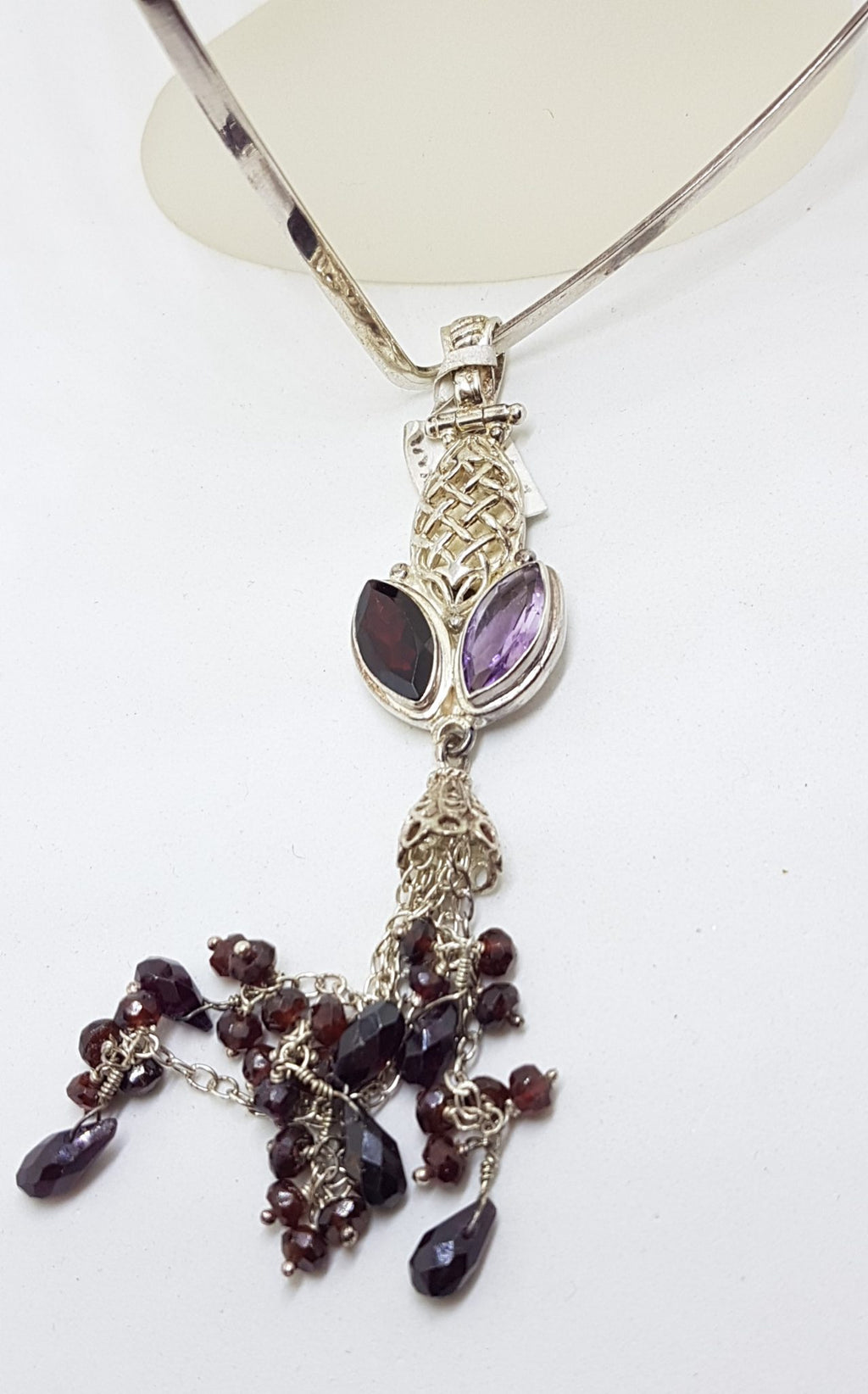Sterling Silver Long Garnet and Amethyst Tassel Pendant on Choker Chain / Necklace