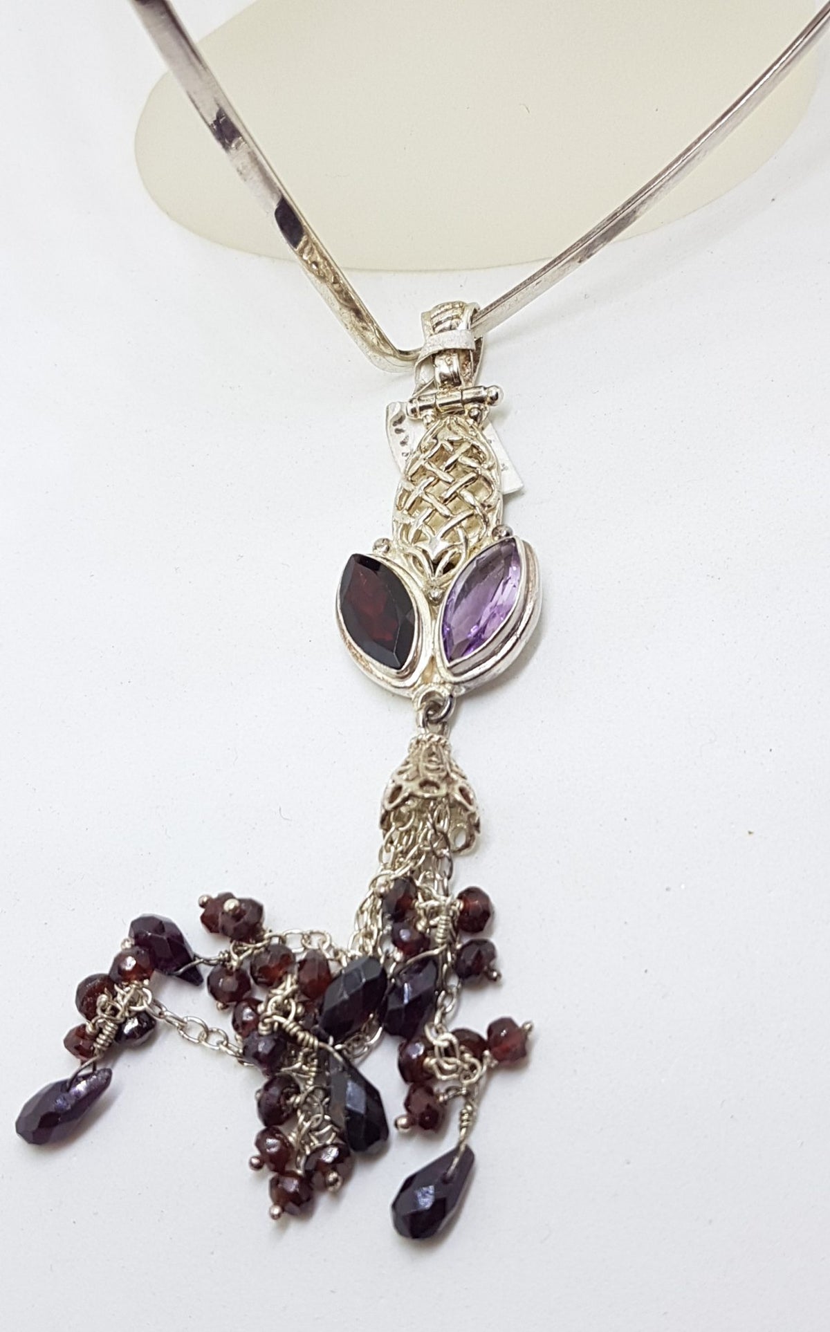 Sterling Silver Long Garnet and Amethyst Tassel Pendant on Choker Chain / Necklace