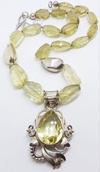 Sterling Silver Large Chunky and Ornate Citrine Pendant on Bead Chain Necklace