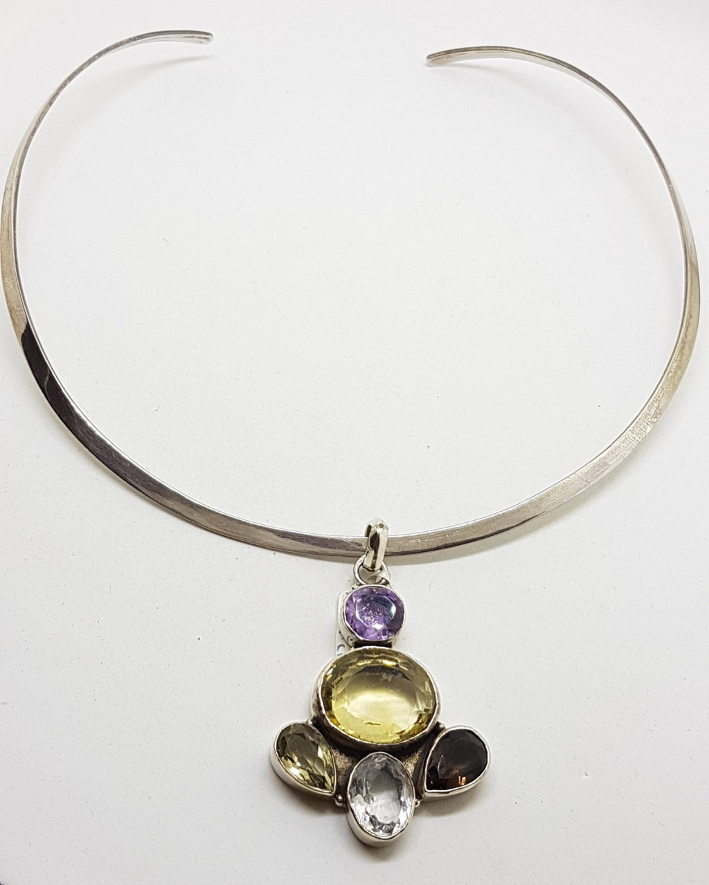 Sterling Silver Large Citrine, Smokey Quartz, Amethyst and Clear Crystal Quartz Pendant on Silver Choker Necklace