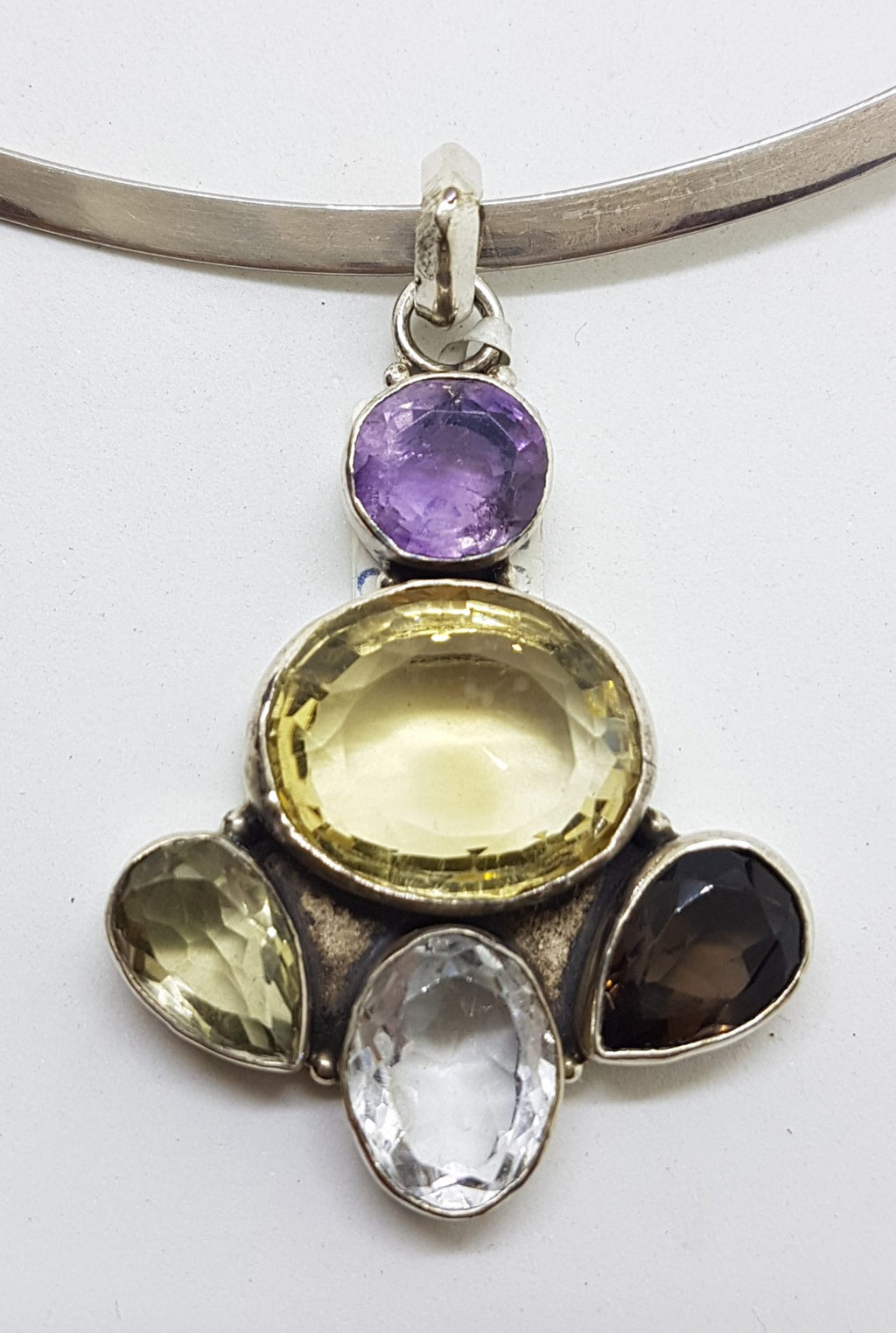 Sterling Silver Large Citrine, Smokey Quartz, Amethyst and Clear Crystal Quartz Pendant on Silver Choker Necklace