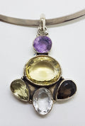 Sterling Silver Large Citrine, Smokey Quartz, Amethyst and Clear Crystal Quartz Pendant on Silver Choker Necklace