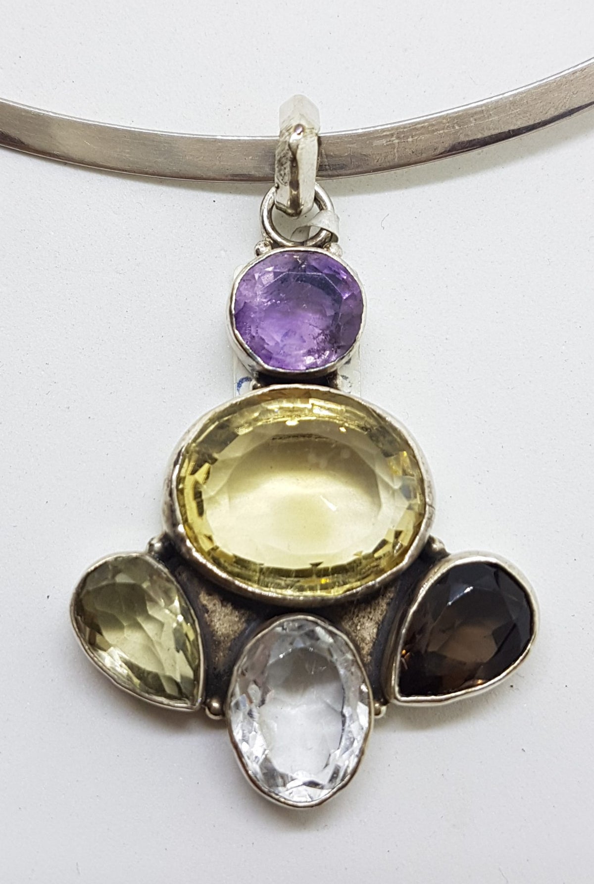 Sterling Silver Large Citrine, Smokey Quartz, Amethyst and Clear Crystal Quartz Pendant on Silver Choker Necklace