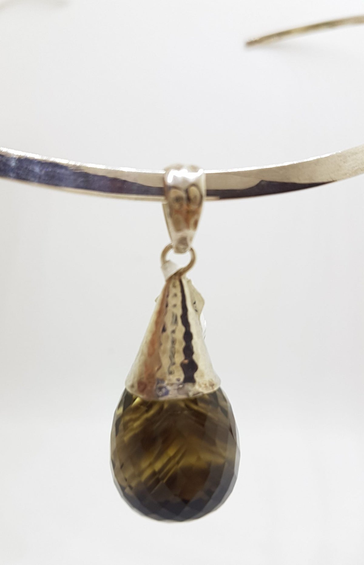 Sterling Silver Smokey Quartz Drop in Cone Pendant on Silver Choker Chain / Necklace